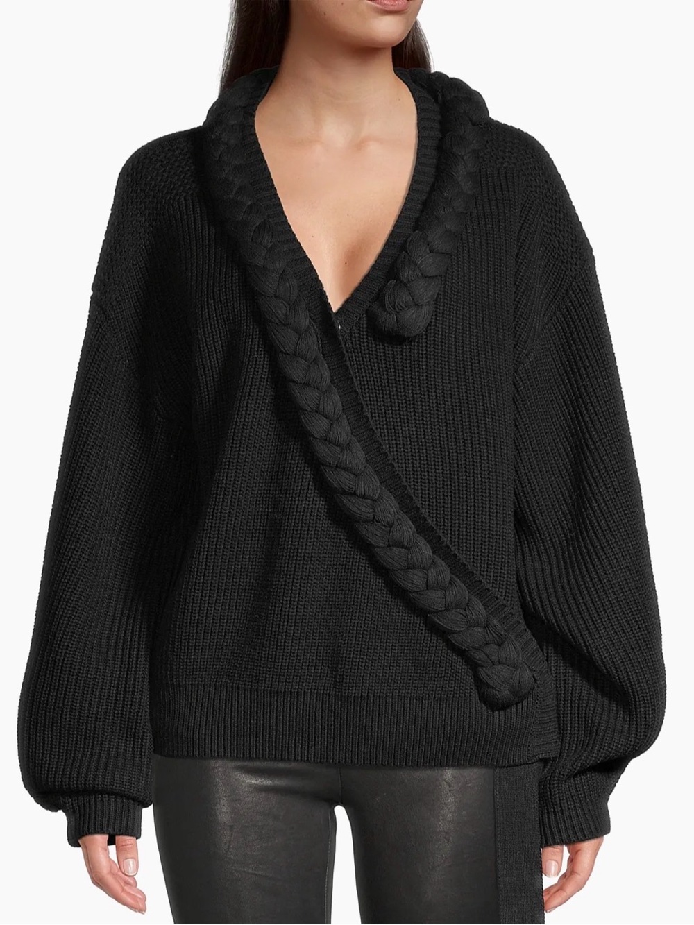 Undra Celeste Black Chunky Knit Sweater Braided V-Neck Oversized Cozy Luxe S/M